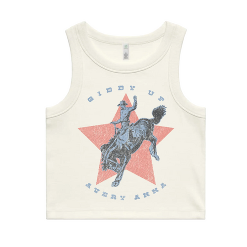 Giddy Up tank in natural with red star and bronco rider graphic