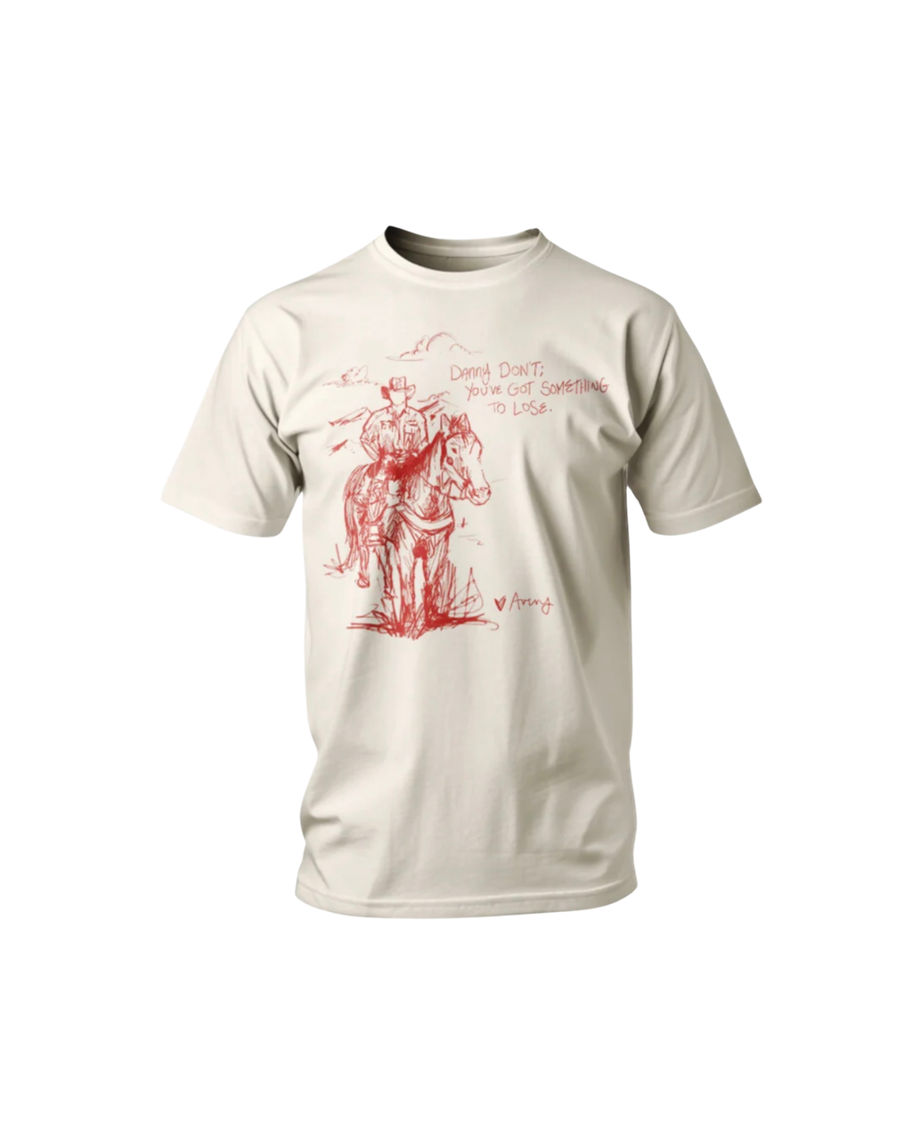 Danny Don't tee in cream with red sketch drawn by Avery
